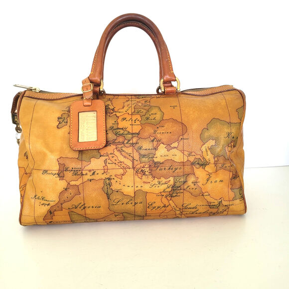 Alviero Martini Vintage Duffle Boston Bag Purse Map Pattern Leather Brown Large - Picture 1 of 16